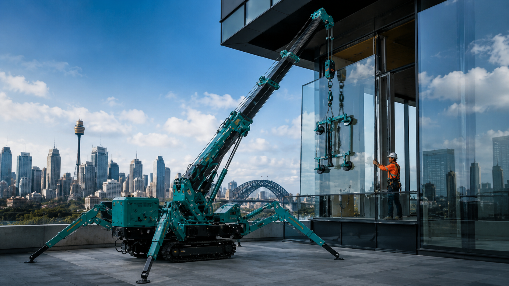 Mini crane handling a glass panel