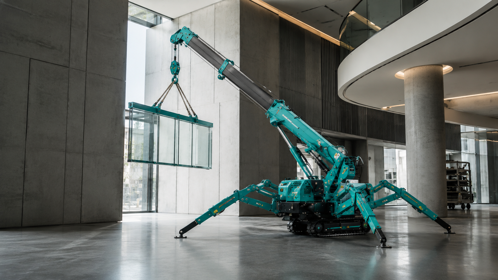 Mini crane lifting in an indoor commercial setting