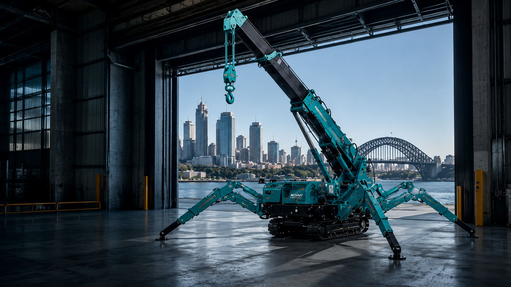 Mini crane in a Sydney warehouse with harbour background