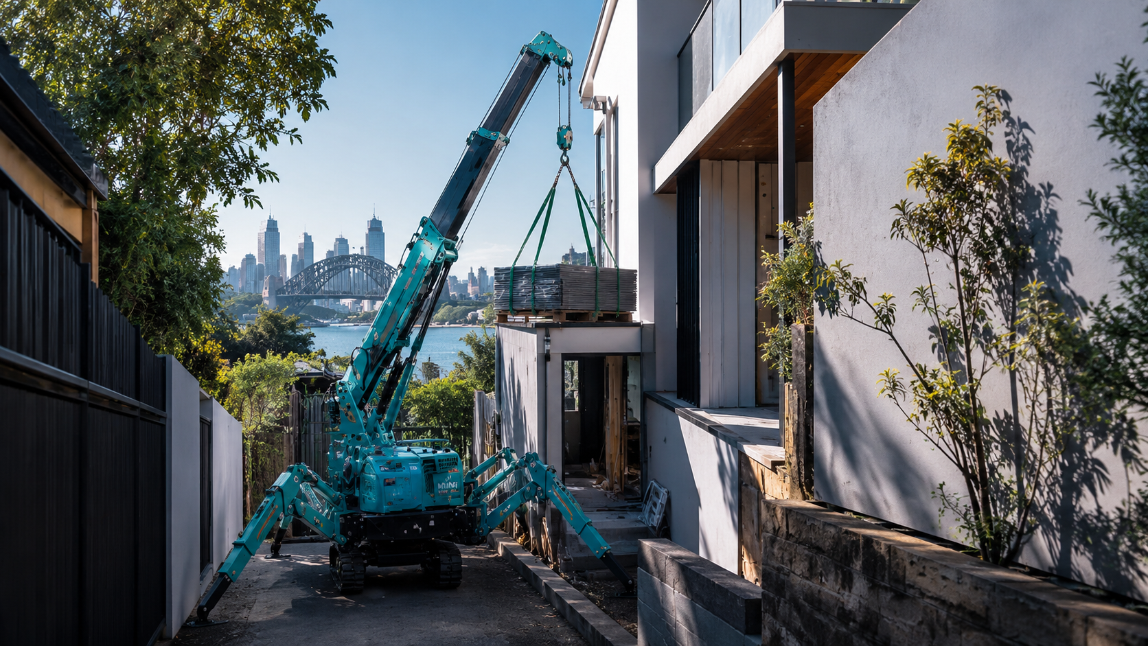 Mini crane in narrow residential access