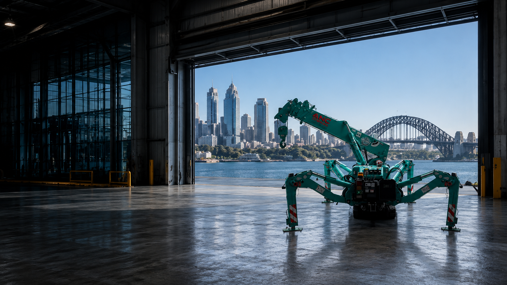 Mini crane positioned in a Sydney Harbour warehouse setting